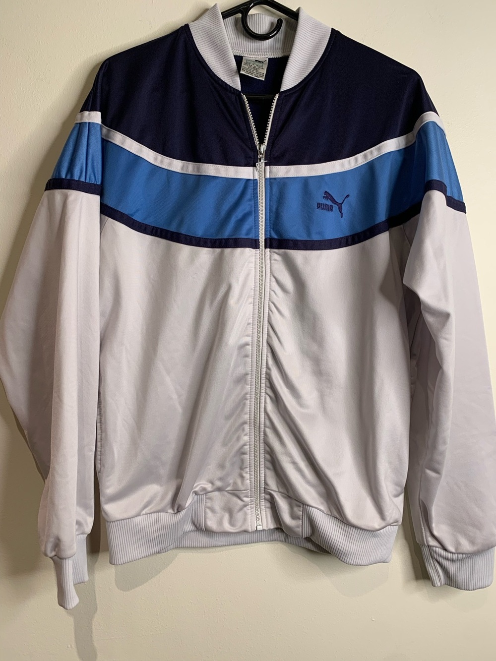Vintage Puma track jacket featuring bold stripes navy gray large